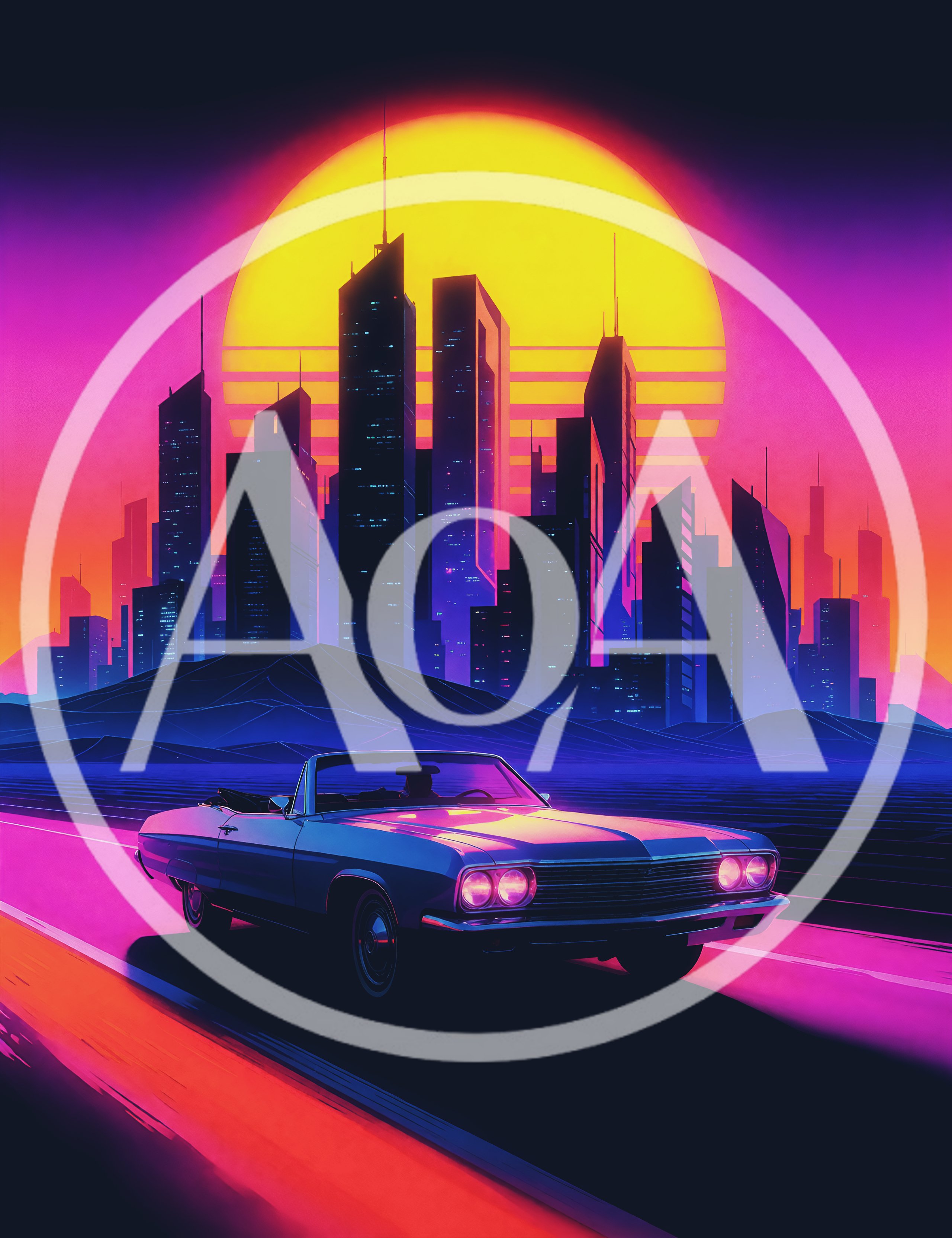 Retro Synthwave Convertible Driving Toward Futuristic City Skyline