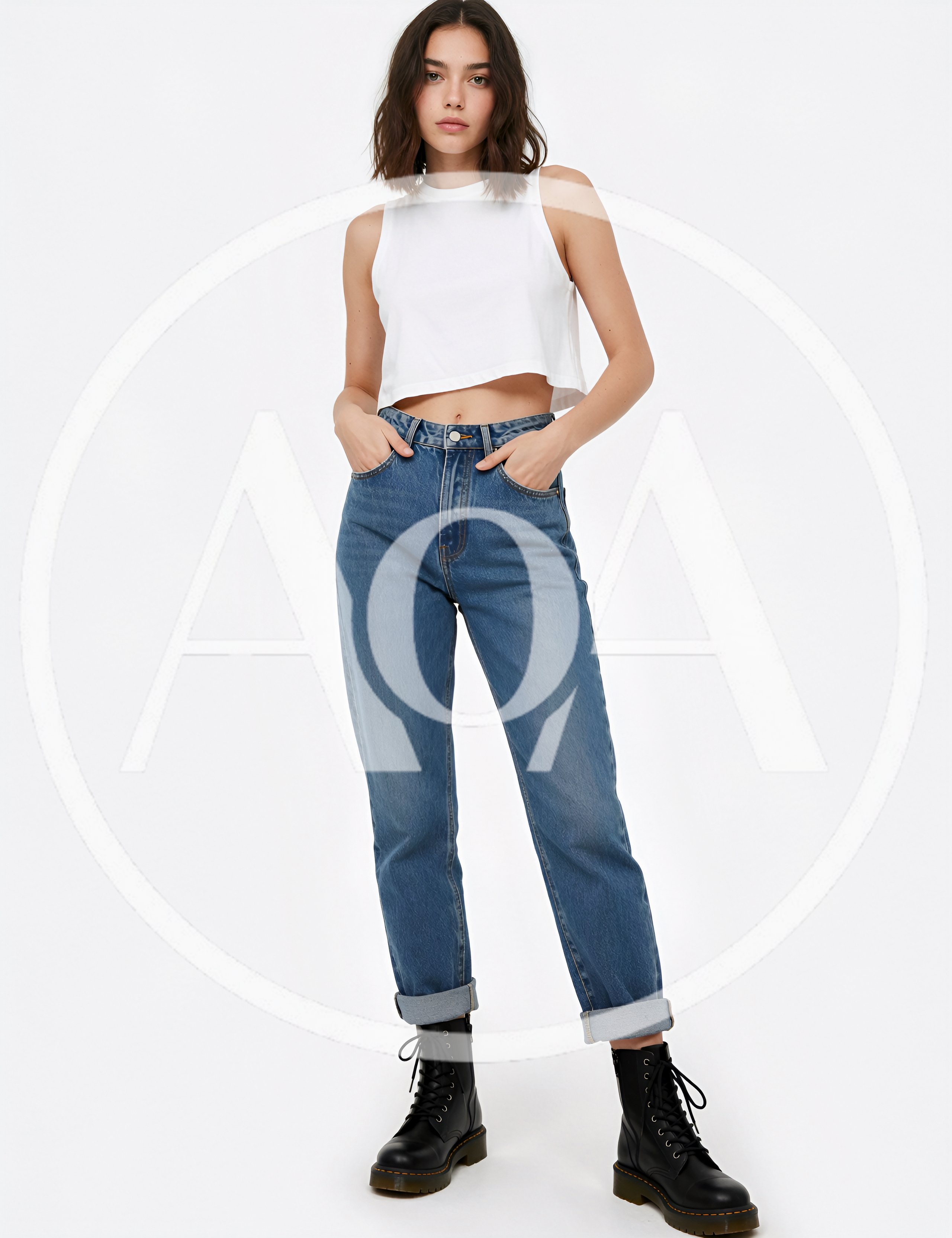 Young Woman Modeling Casual White Crop Top And Jeans
