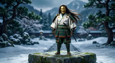 Samurai Warrior Standing In Snowy Japanese Garden
