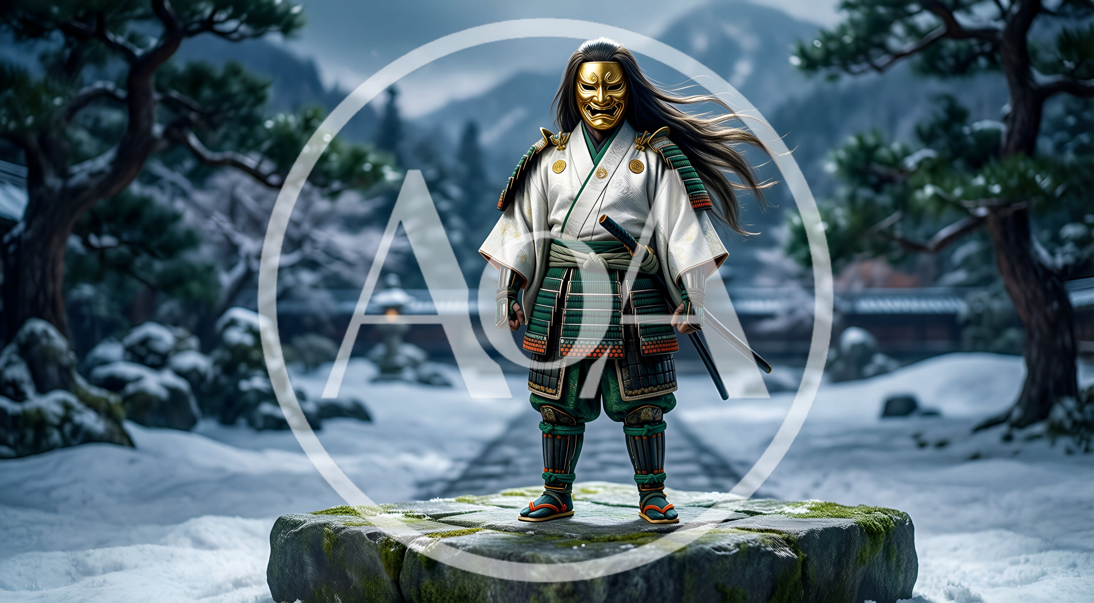 Samurai Warrior Standing In Snowy Japanese Garden