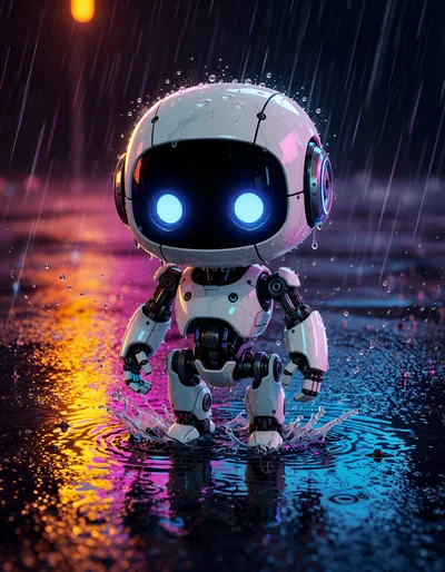 Small White Robot Standing In Rain At Night