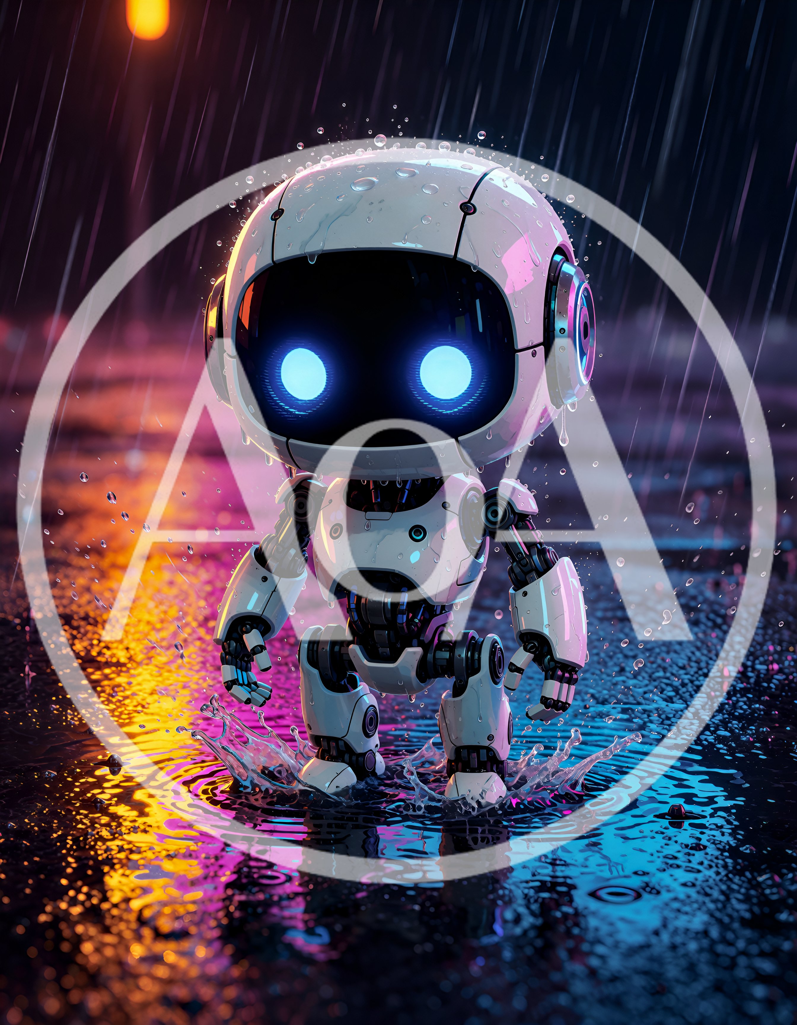 Small White Robot Standing In Rain At Night