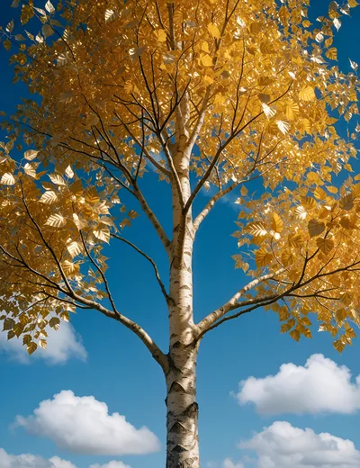 Golden Birch Tree Against A Bright Blue Sky