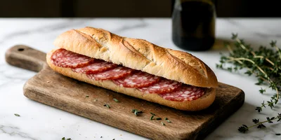 Salami Baguette Sandwich on a Wooden Cutting Board