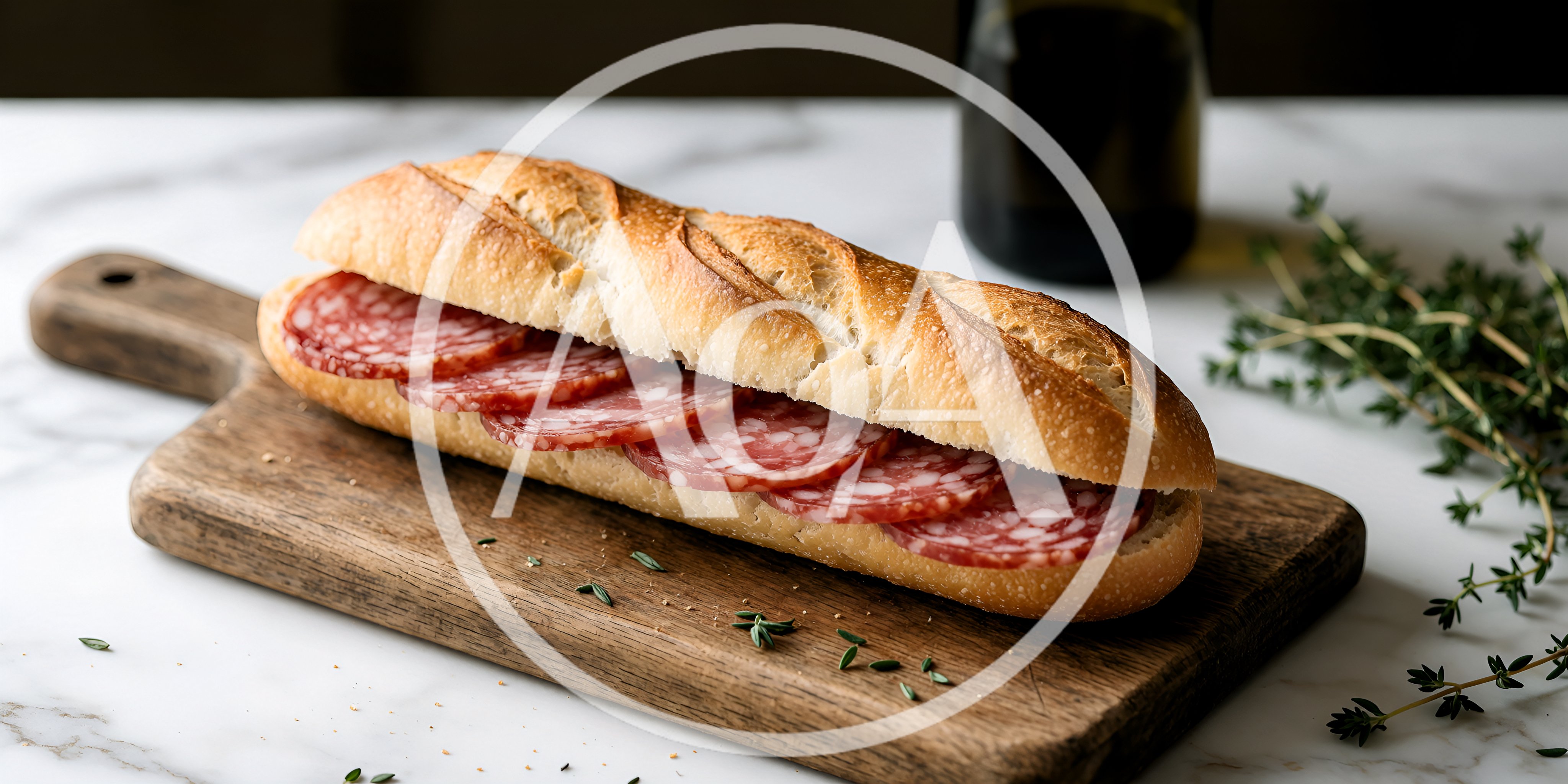 Salami Baguette Sandwich on a Wooden Cutting Board