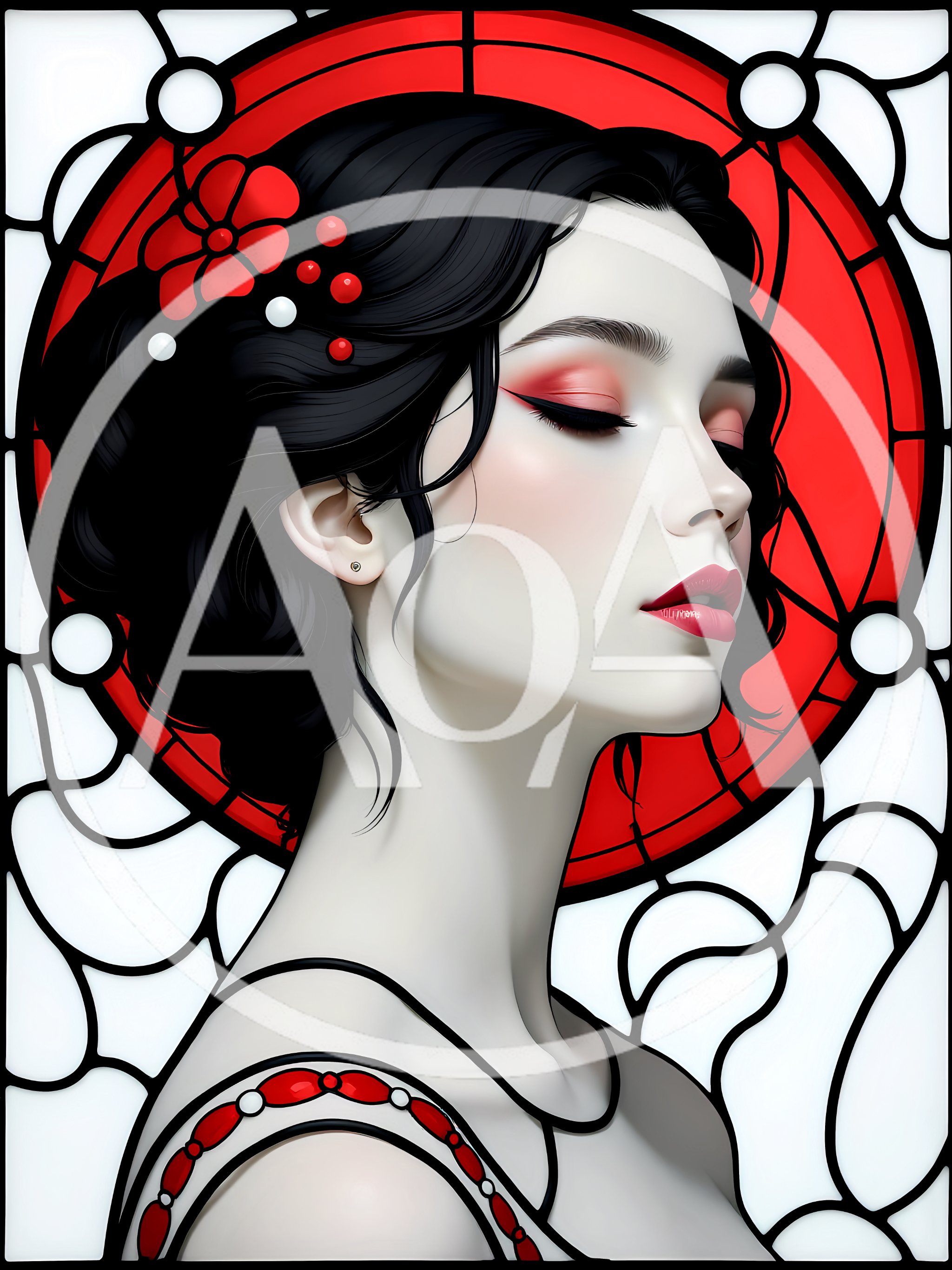 Stained Glass Portrait Of A Woman With Red Accents