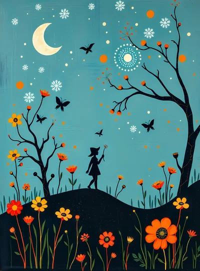 Silhouette Of A Girl Walking In A Whimsical Garden