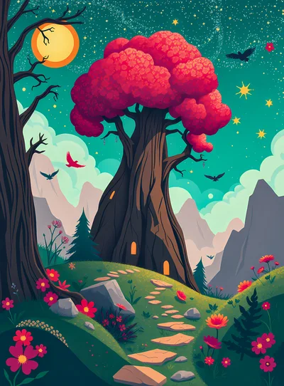 Whimsical Fantasy Forest Landscape With Giant Pink Tree