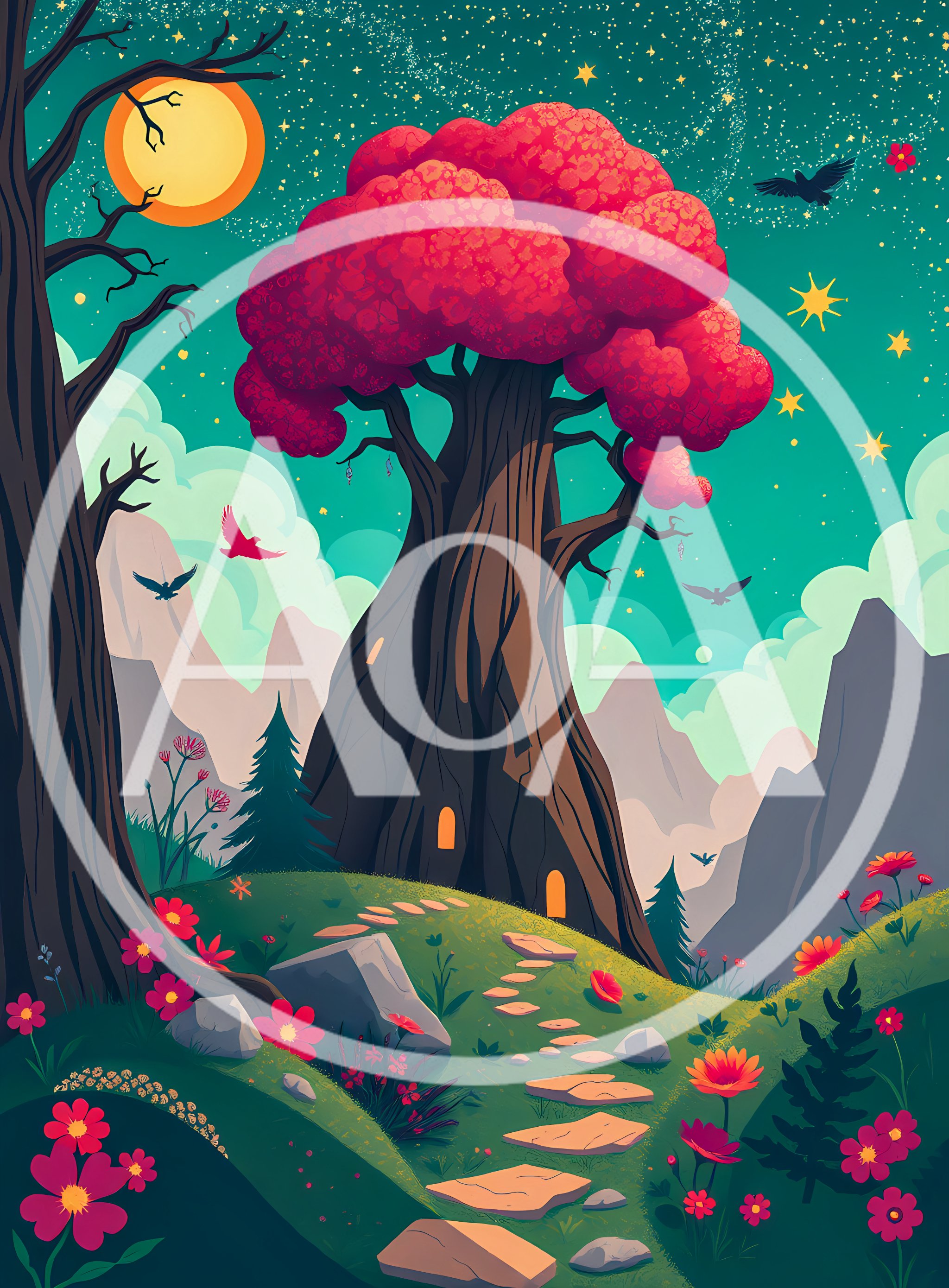 Whimsical Fantasy Forest Landscape With Giant Pink Tree