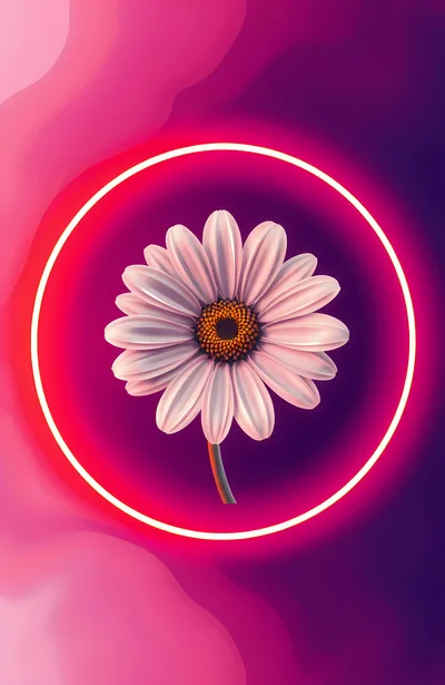 Single Daisy Flower Inside Glowing Neon Circle