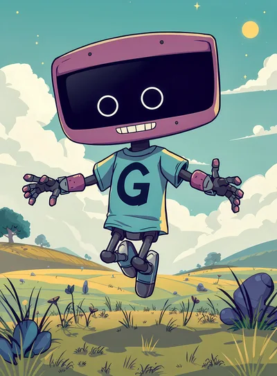 Cartoon Robot Jumping In A Sunny Meadow