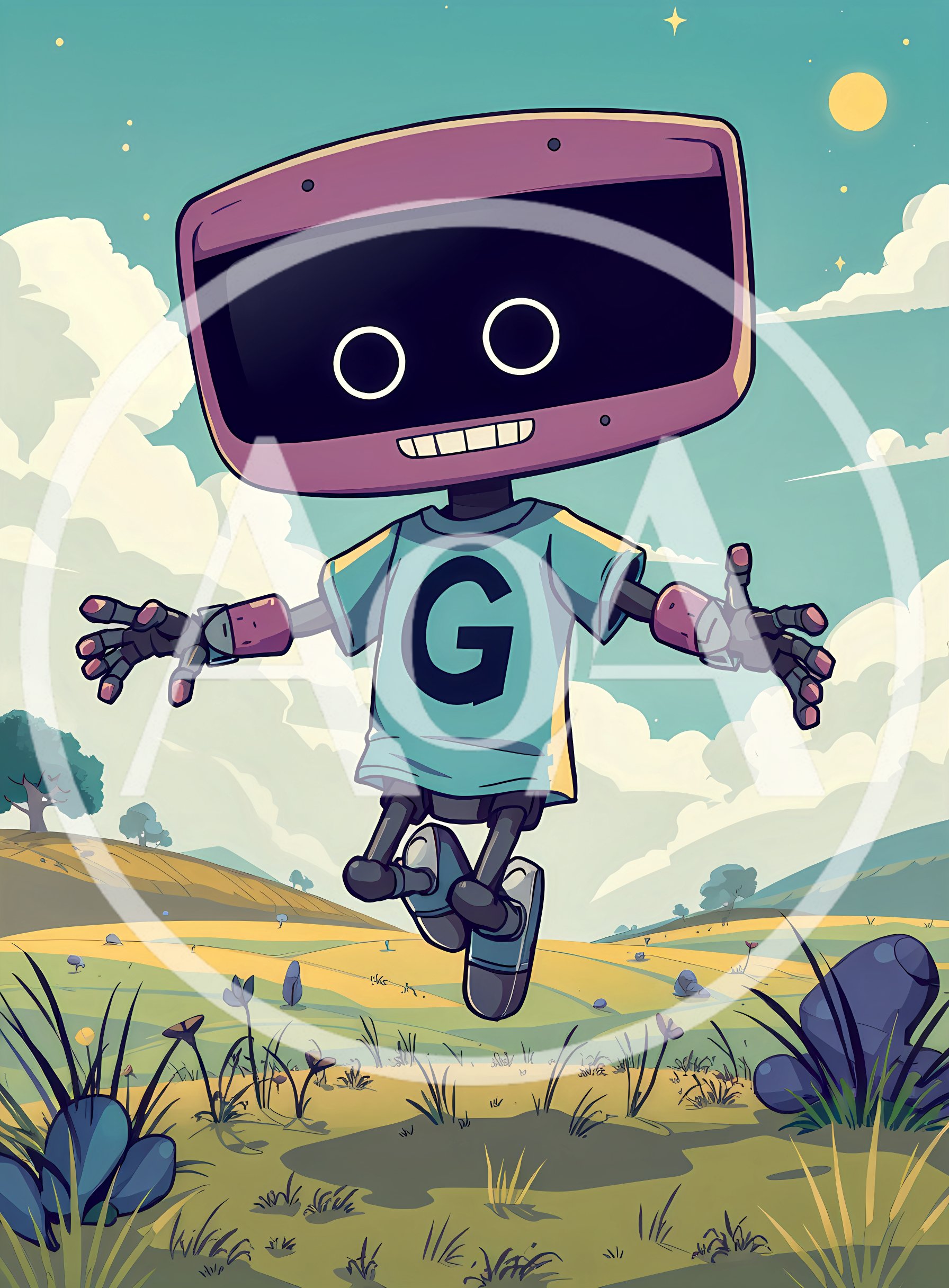 Cartoon Robot Jumping In A Sunny Meadow