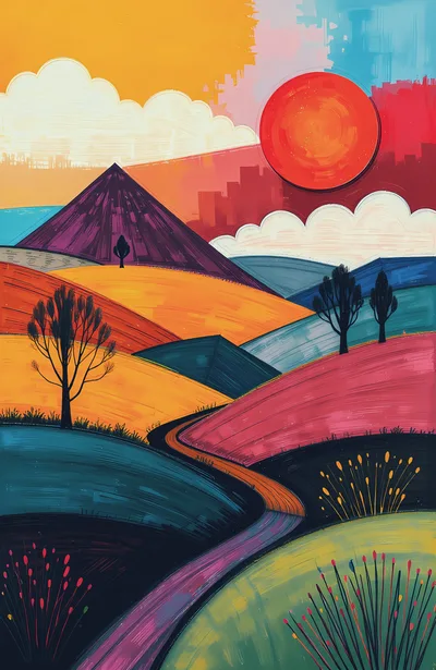 Abstract Landscape Painting With Rolling Hills And Sun
