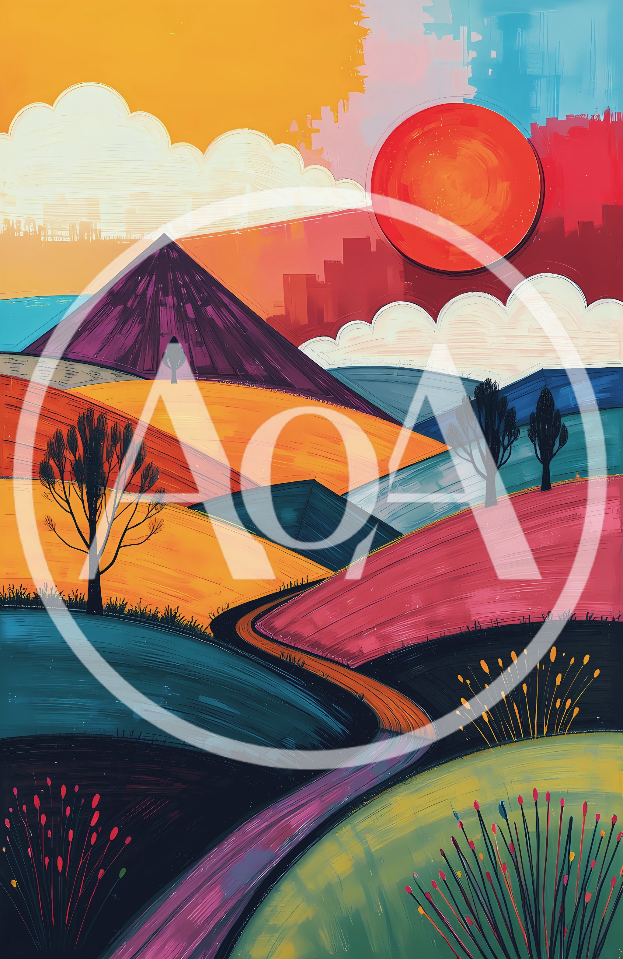Abstract Landscape Painting With Rolling Hills And Sun