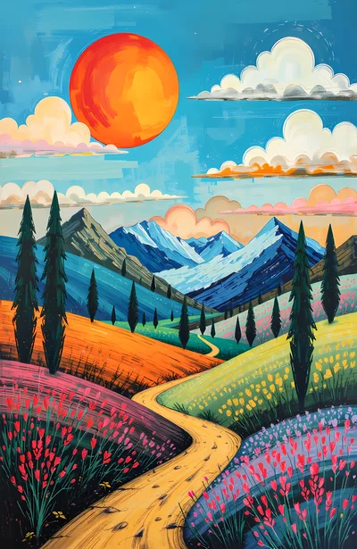 Stylized Landscape Painting With Winding Road And Mountains
