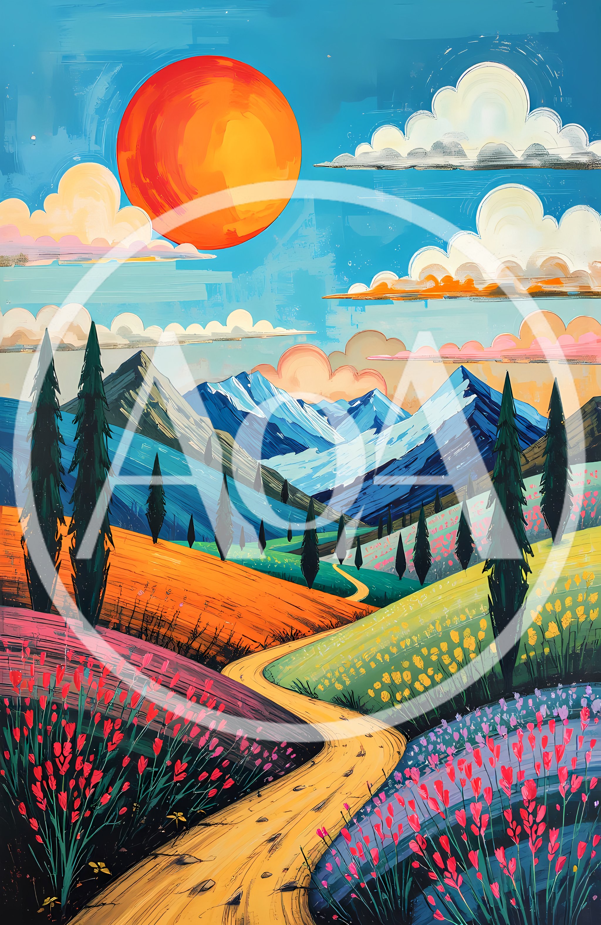 Stylized Landscape Painting With Winding Road And Mountains