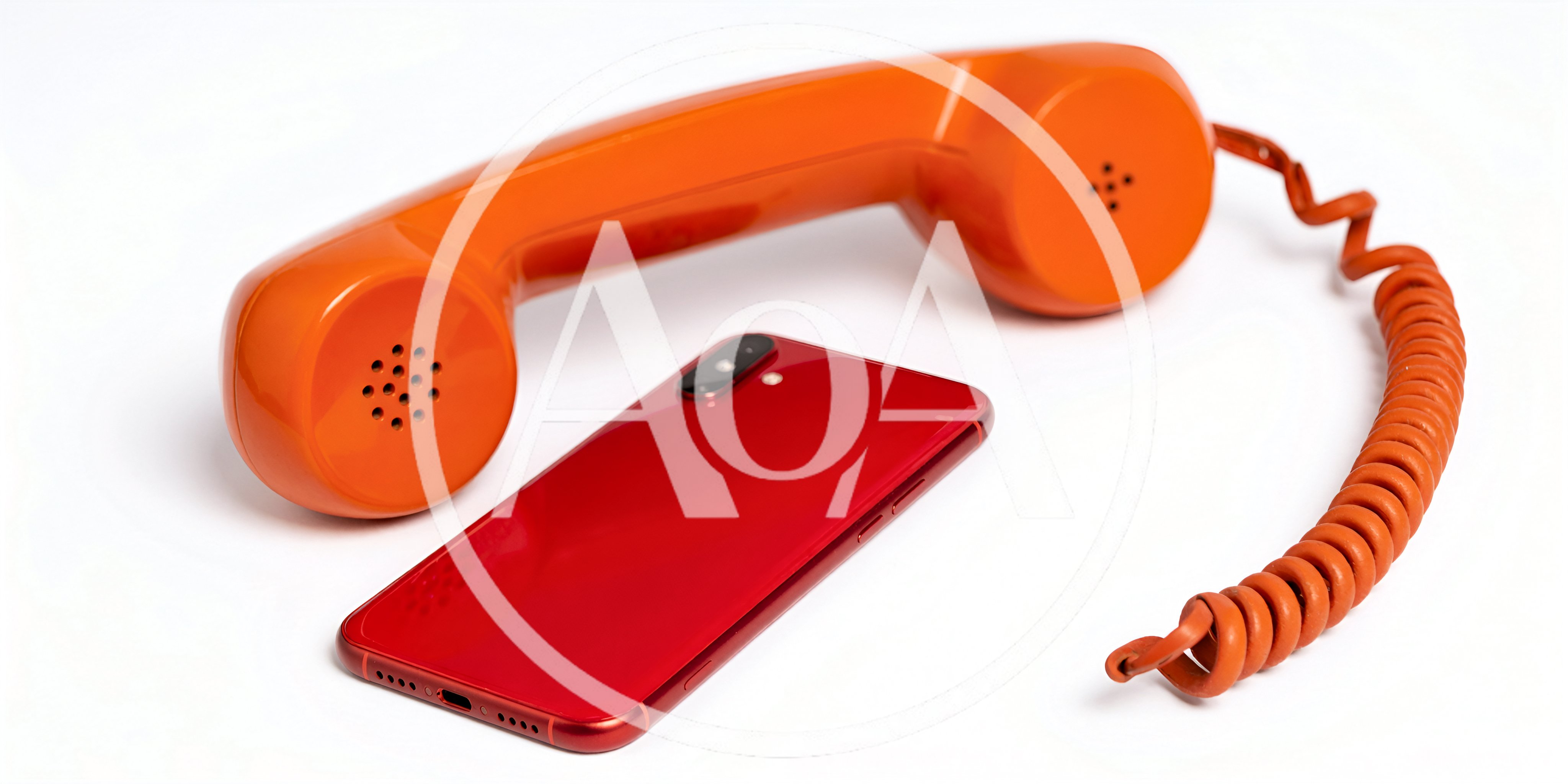Vintage Orange Telephone Handset Beside Modern Red Smartphone