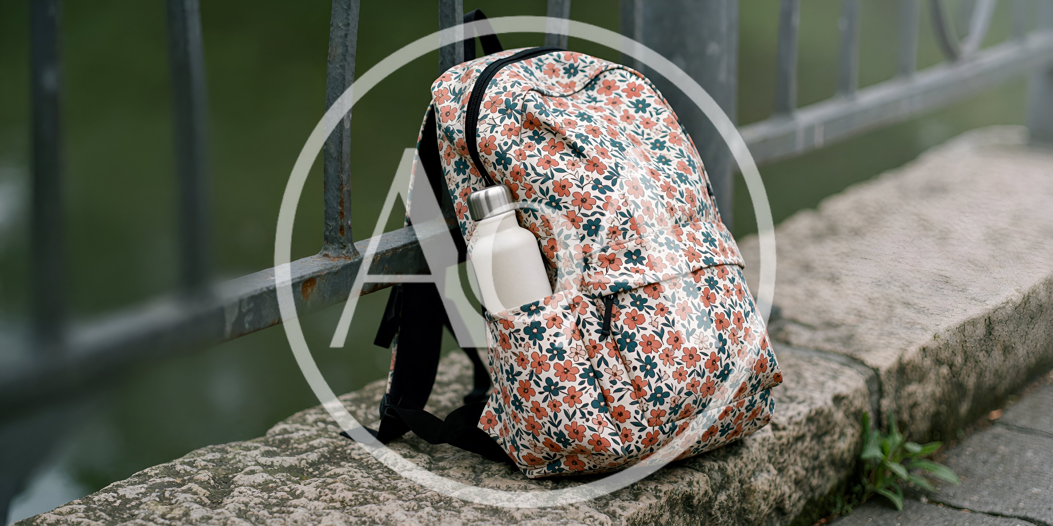 Floral Print Backpack With Water Bottle On Stone Wall