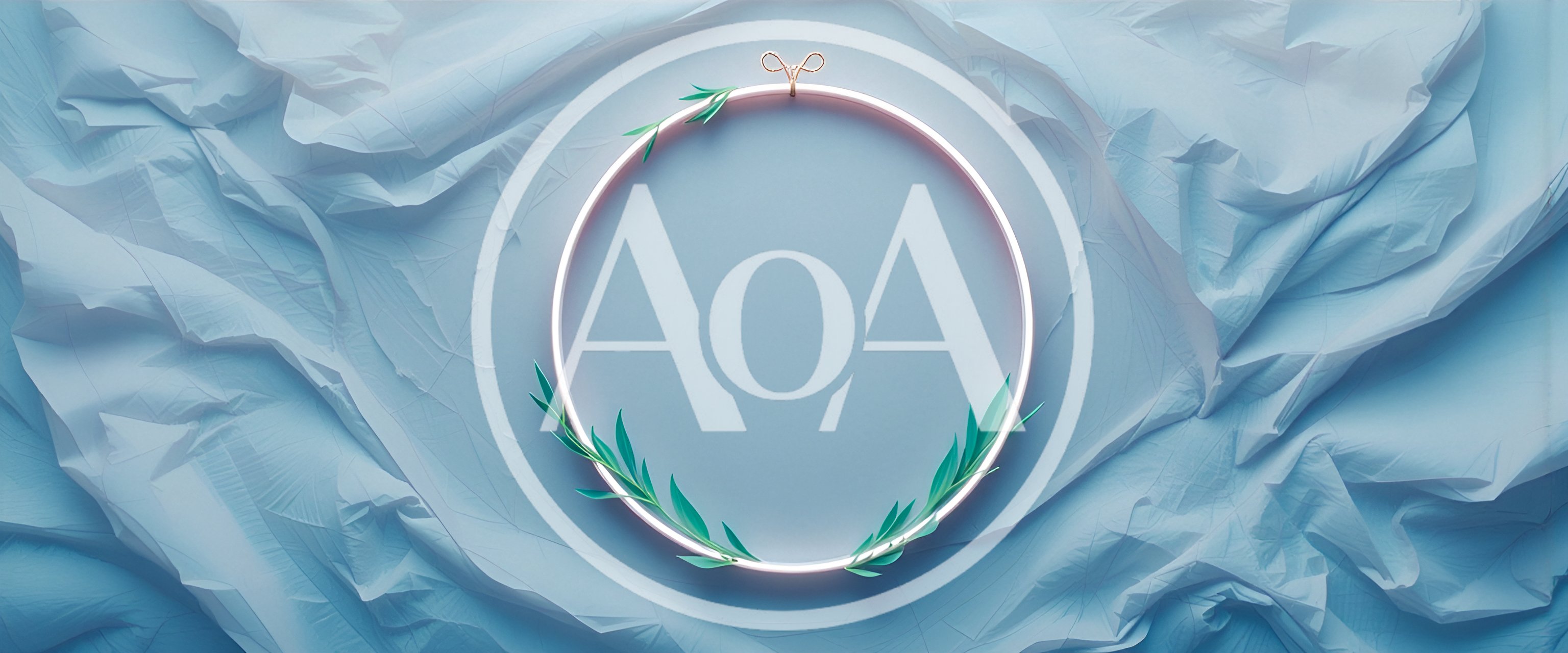 Minimalist Circular Frame With Green Leaves On Blue Fabric