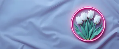White Tulips Inside A Glowing Pink Neon Circle