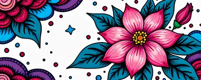 Vibrant Floral Illustration With Pink Flowers And Teal Leaves