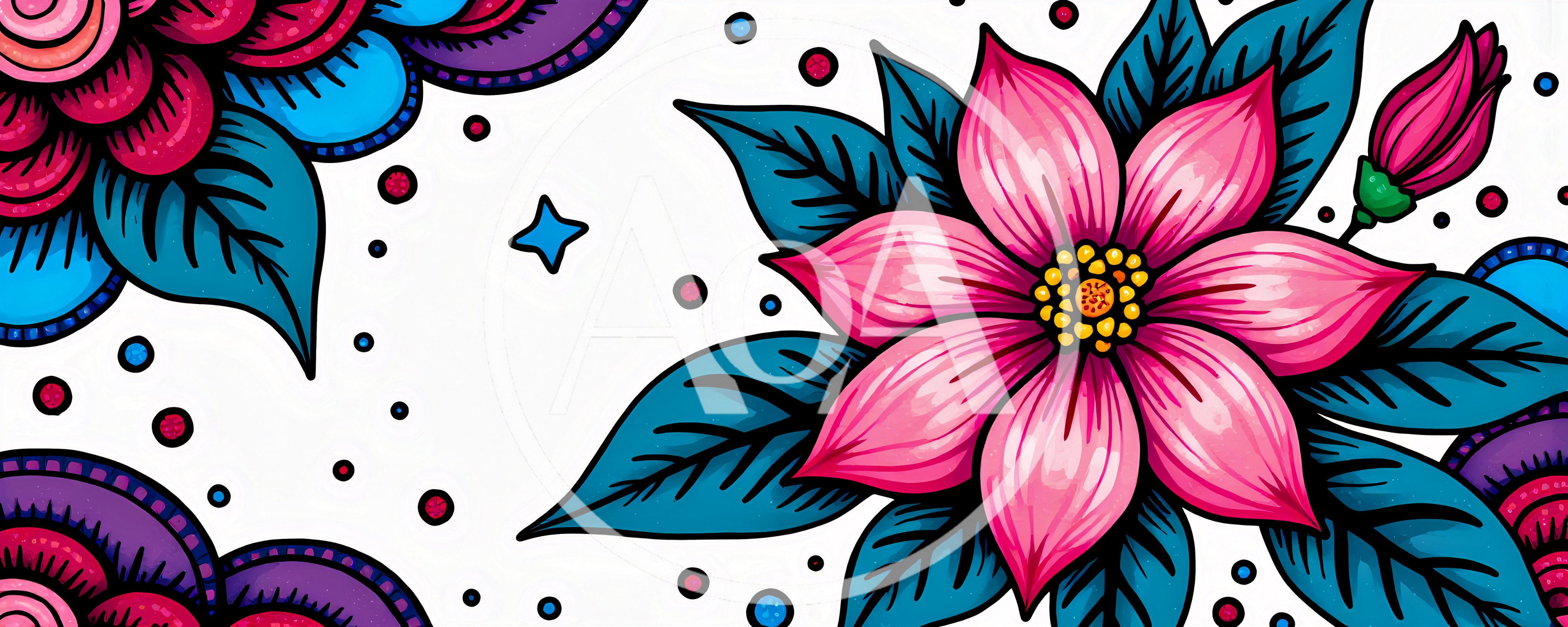 Vibrant Floral Illustration With Pink Flowers And Teal Leaves