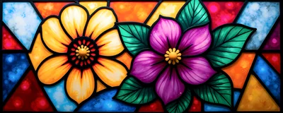 Stained Glass Window Featuring Vibrant Yellow and Purple Flowers