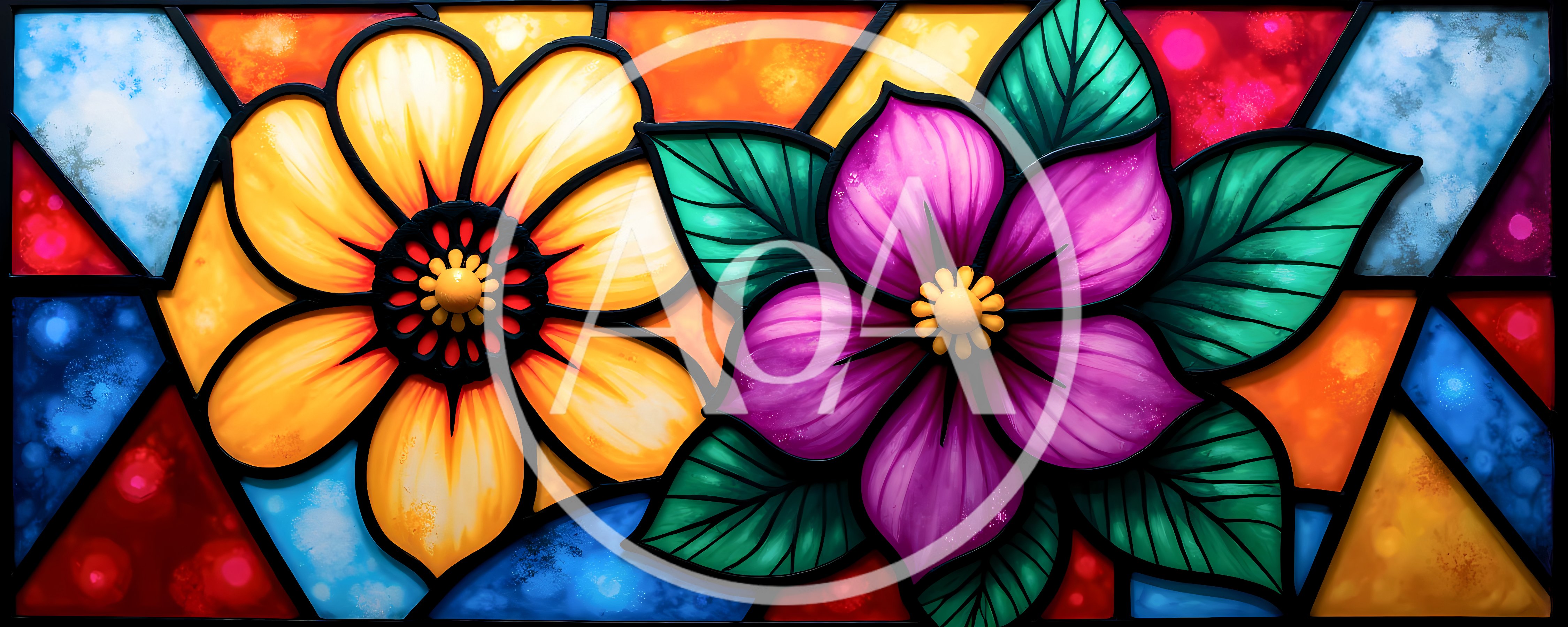 Stained Glass Window Featuring Vibrant Yellow and Purple Flowers