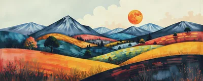 Stylized Landscape Painting With Rolling Hills And Mountains