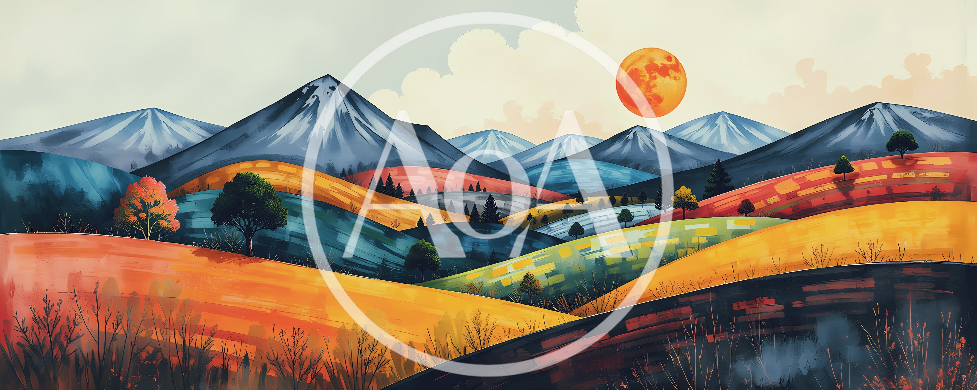 Stylized Landscape Painting With Rolling Hills And Mountains
