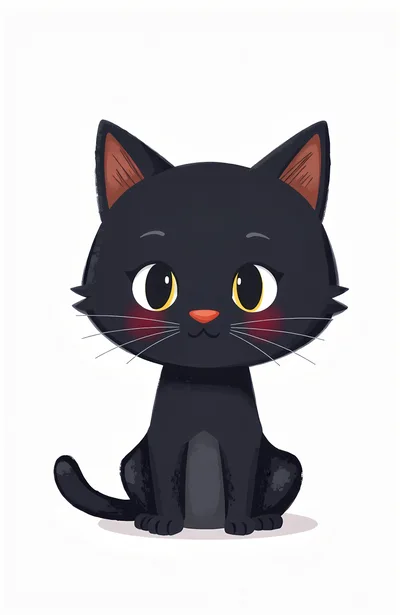 Cute Cartoon Black Cat Sitting On White Background