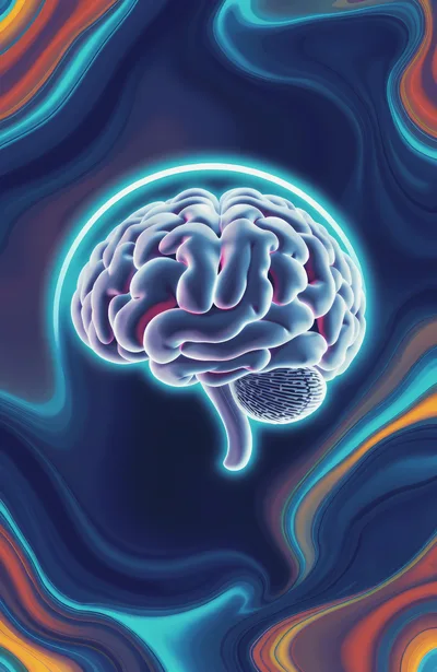 Glowing Human Brain Illustration On Abstract Fluid Background