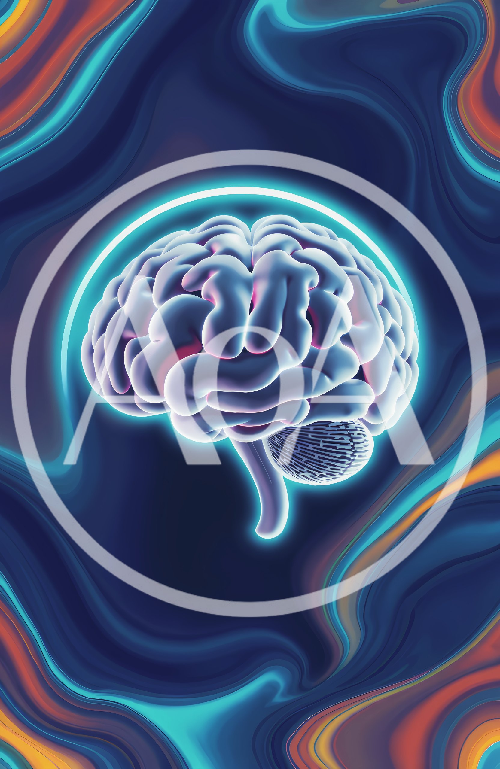 Glowing Human Brain Illustration On Abstract Fluid Background
