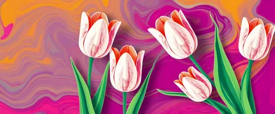 Four White And Red Tulips On Abstract Marble Background