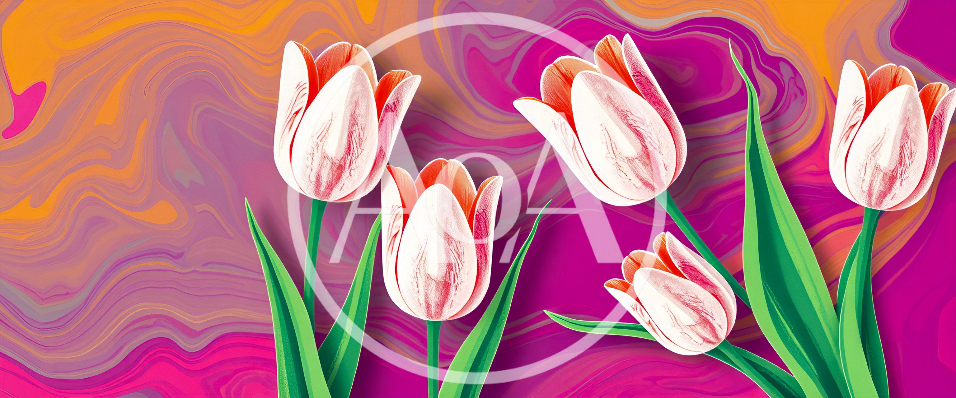 Four White And Red Tulips On Abstract Marble Background