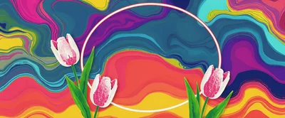 Three Pink Tulips Against Abstract Colorful Liquid Background