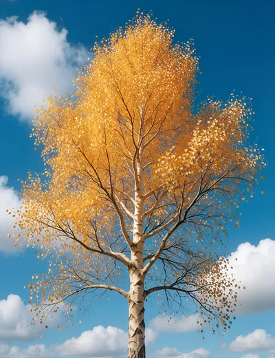 Golden Autumn Birch Tree Against Blue Sky