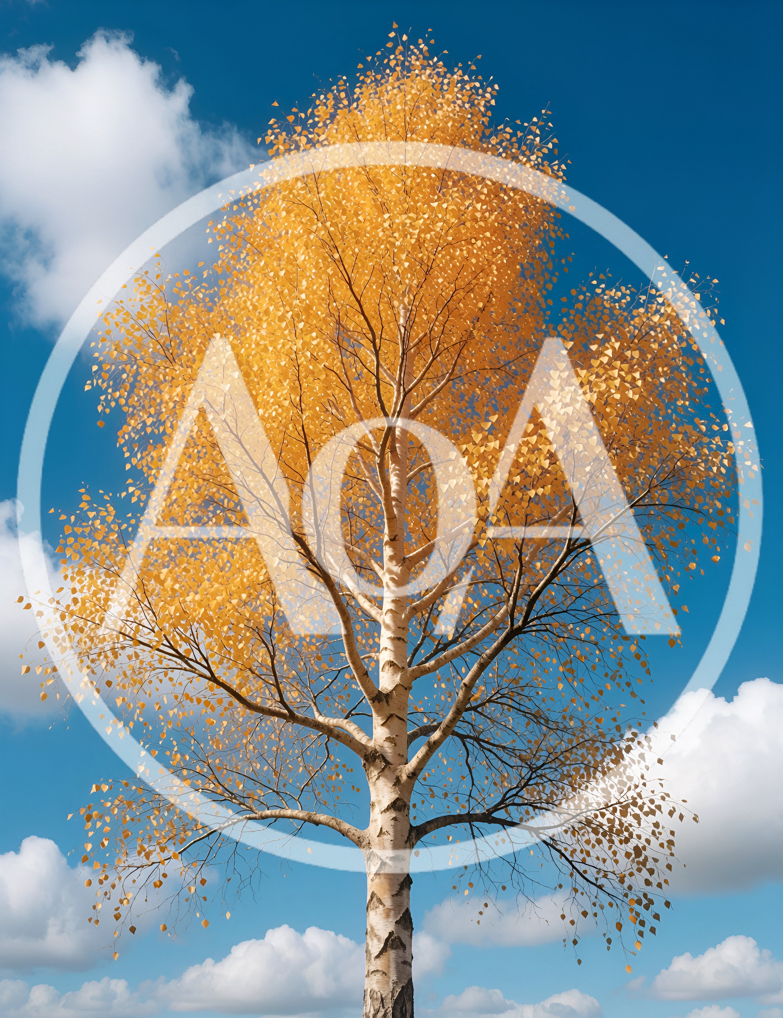 Golden Autumn Birch Tree Against Blue Sky