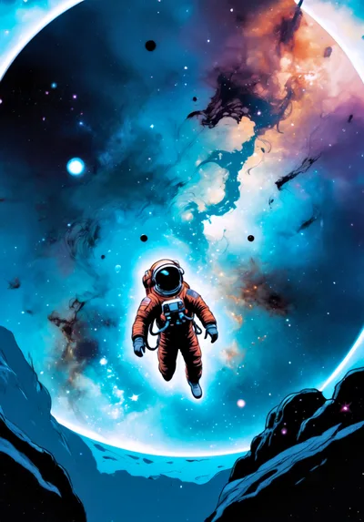 Astronaut Floating In Deep Space With Nebula Background