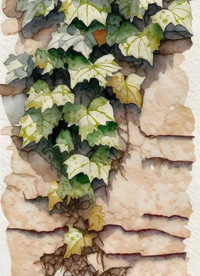 Watercolor Painting Of Ivy Climbing A Stone Wall