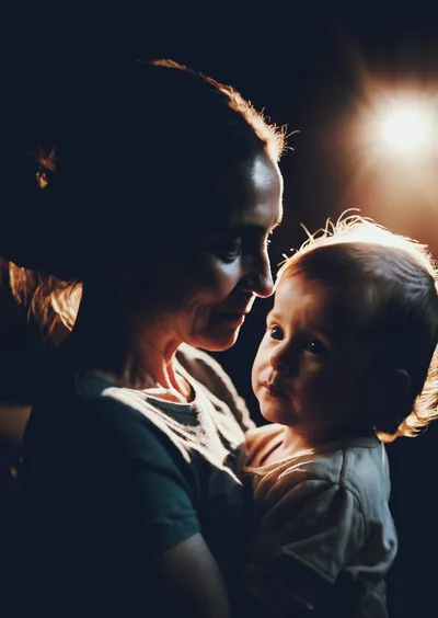 Mother Holding Her Baby in Dramatic Backlit Portrait