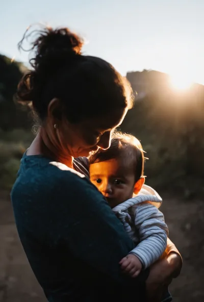 Mother Holding Her Baby During Golden Hour