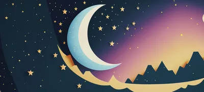 Paper Cutout Style Crescent Moon and Mountain Landscape