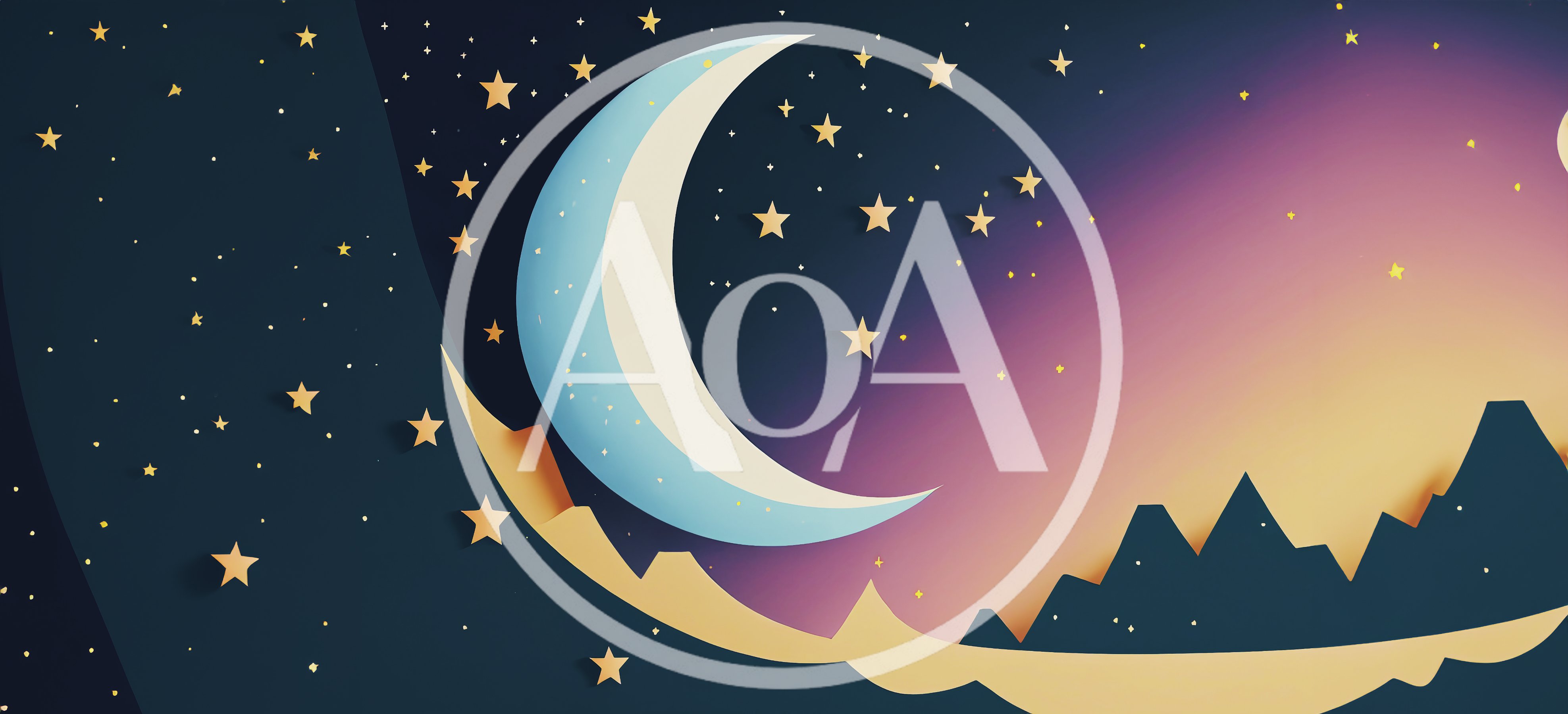 Paper Cutout Style Crescent Moon and Mountain Landscape