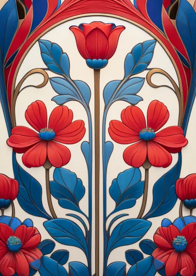 Art Nouveau Floral Pattern With Red Flowers And Blue Leaves