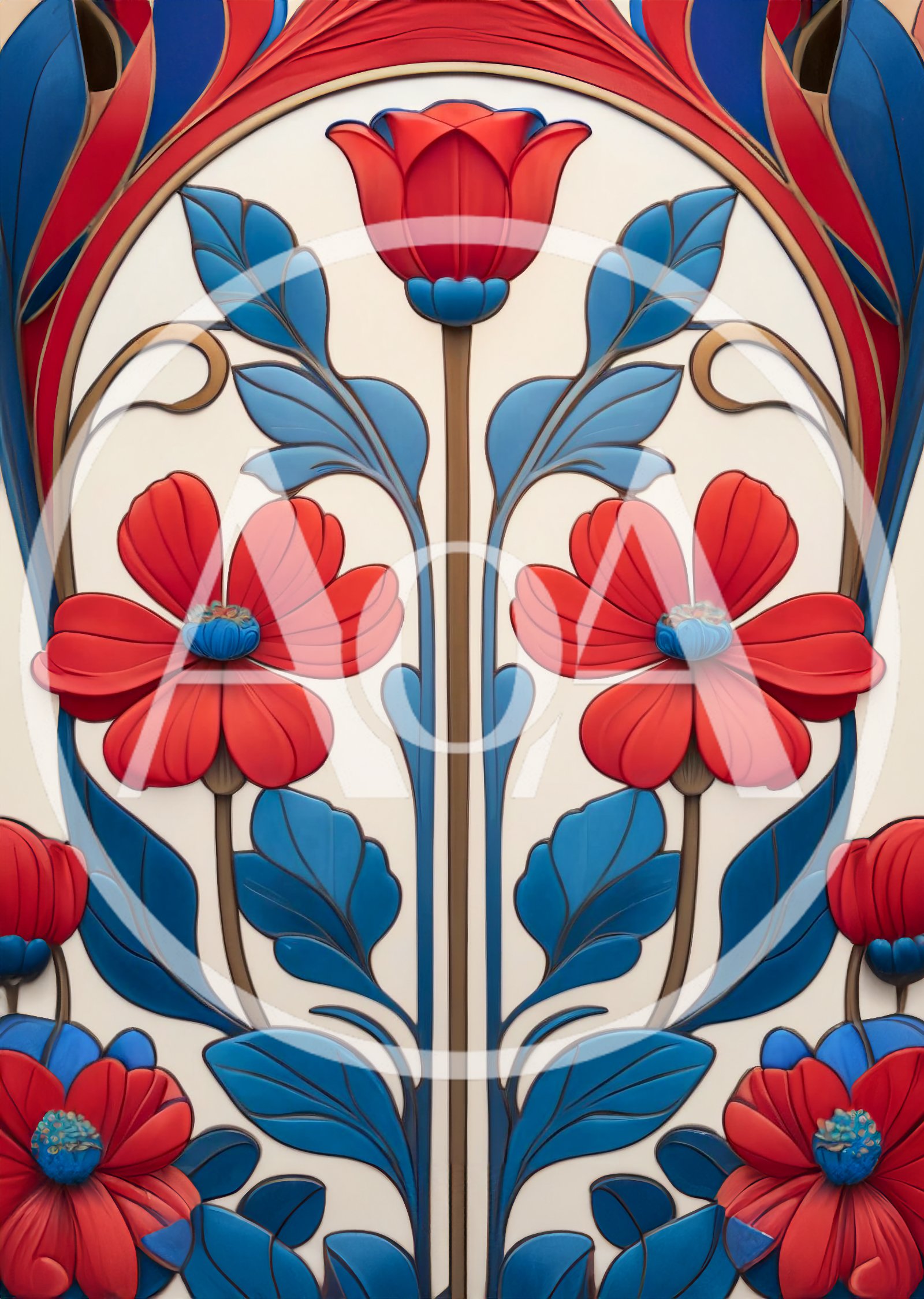 Art Nouveau Floral Pattern With Red Flowers And Blue Leaves