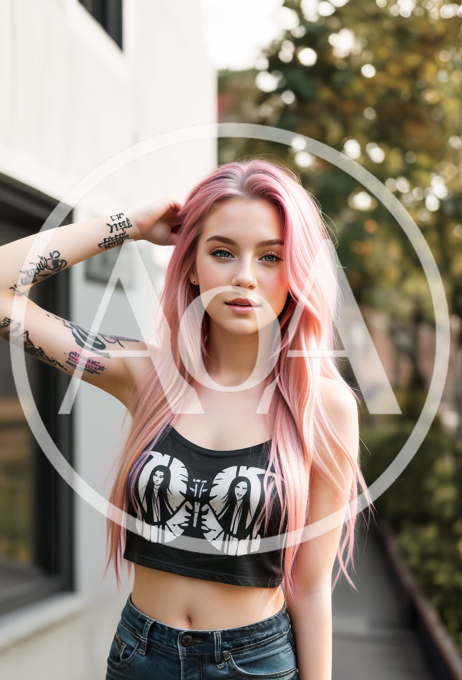 Young Woman With Pink Hair And Tattoos Posing Outdoors