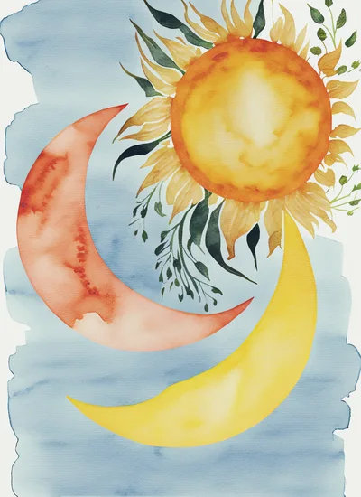 Watercolor Illustration Of Sun And Moon Celestial Elements
