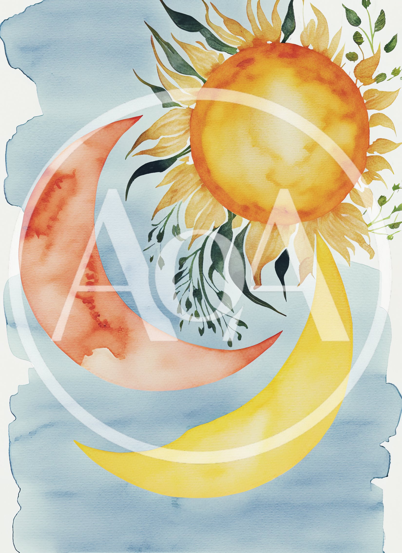 Watercolor Illustration Of Sun And Moon Celestial Elements