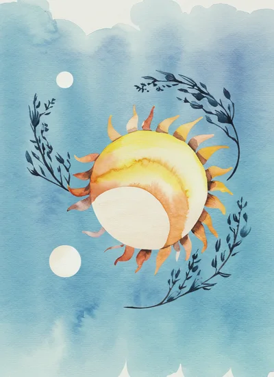 Watercolor Illustration Of A Stylized Sun And Foliage